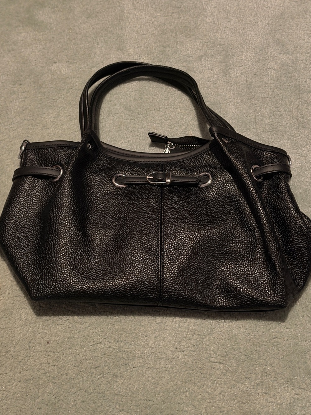 Textured Black Leather Shoulder Bag - Unbranded